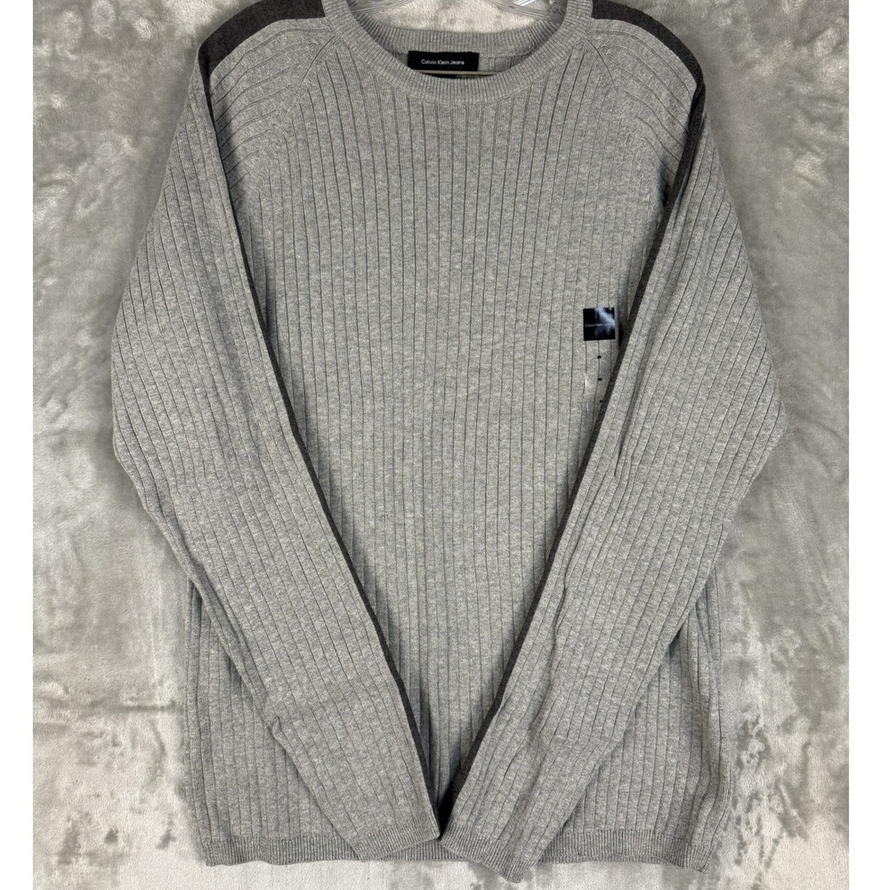 Y2K Calvin Klein Jeans Men Ribbed Sweater Crew Neck Long Sleeve Gray Size‎ XL